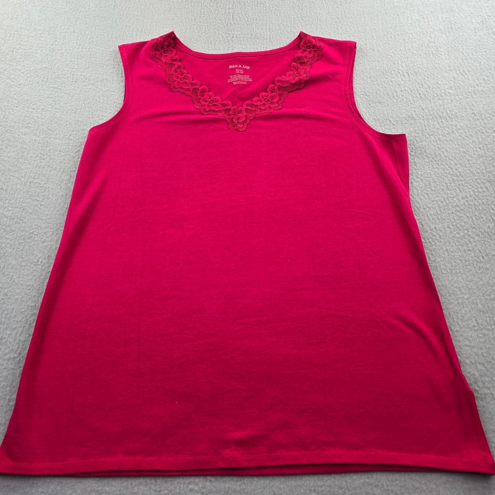 White Stag Tank Top Women XL 16-18 Red Cotton Floral Intricate Lace Trim V-Neck